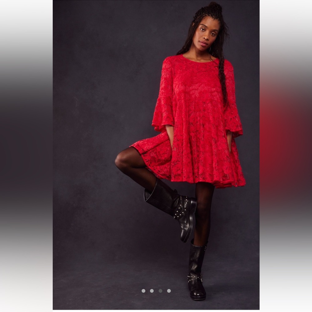 Free People Le Fleur lace babydoll mini dress in lipstick red (Size S)